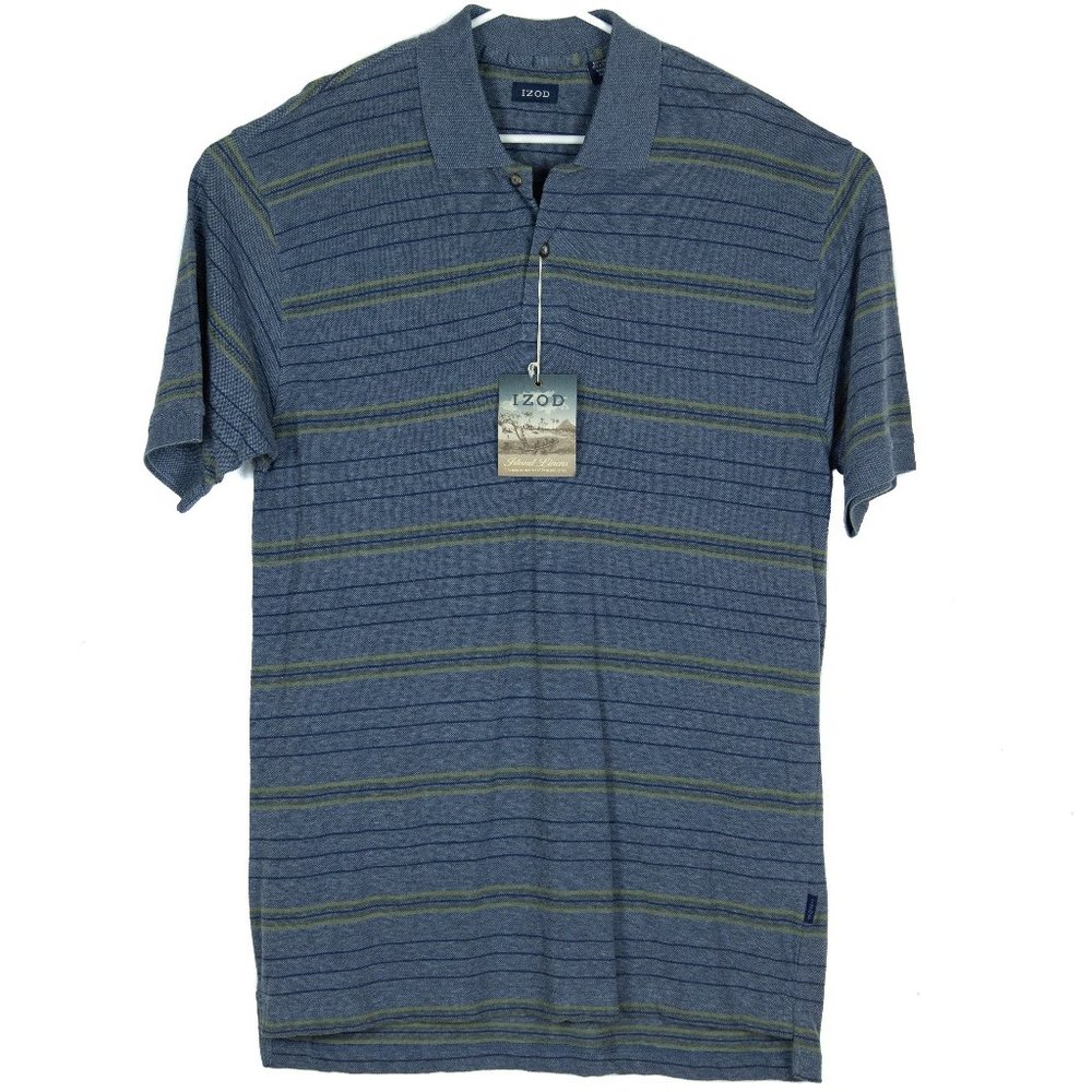 Izod Mens Island Linens Polo Shirt Size L Blue Green Striped Linen Blend NEW NWT